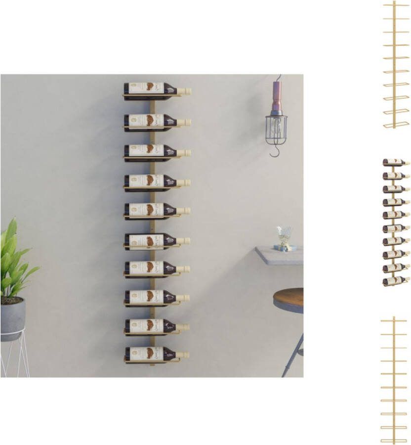 VidaXL Wijnrek Wandgemonteerd 24 x 9 x 120 cm Goud Metaal Geschikt voor 10 wijnflessen Inclusief montagemateriaal Wijnrek