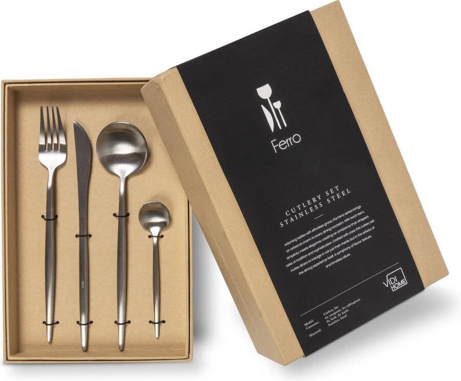 VIDI FERRO Bestekset 6 persoons – serviesset 6 persoon – luxe bestek 24-delig – lepels vorken messen theelepels – Hoogwaardig roestvrij staal RVS – Vaatwasserbestendig -Zilver – Polished Steel