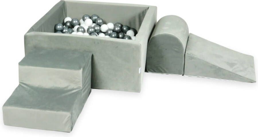 MOJE Foam speelset vierkant ballenbak en 400 wit grijze ballen donkergrijs