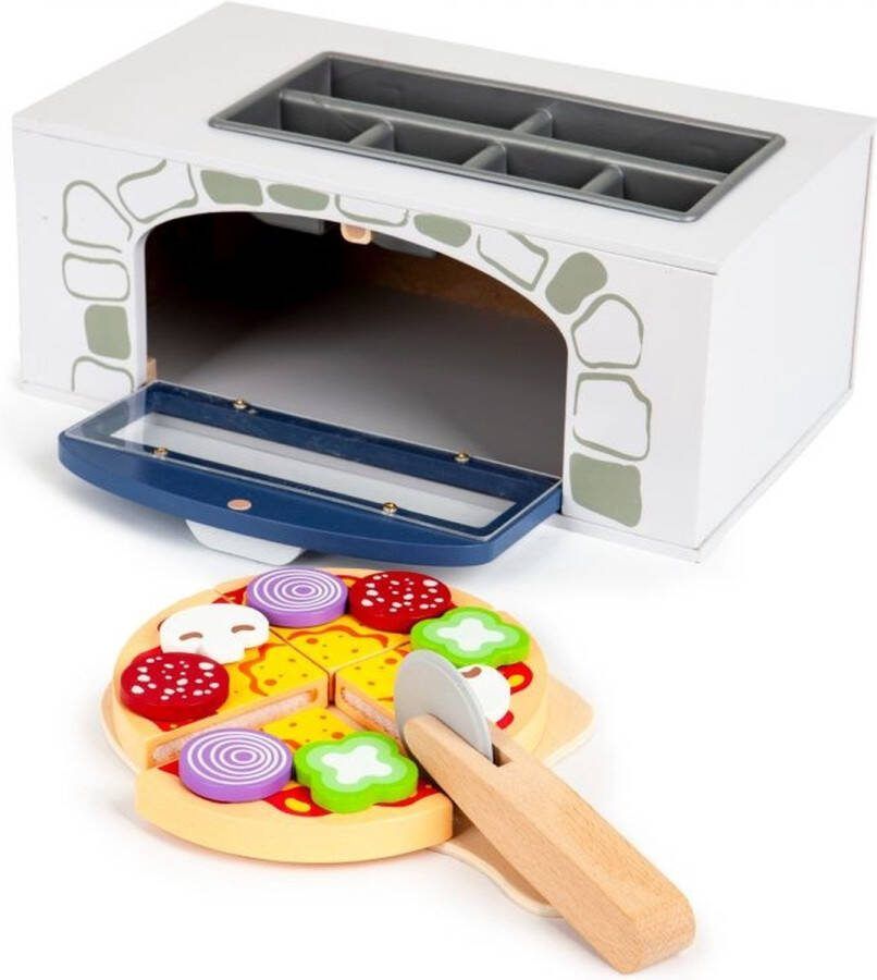 Viking Choice Houten keuken speelgoed pizza oven met ingrediënten en keukengerei 29x16x12 cm