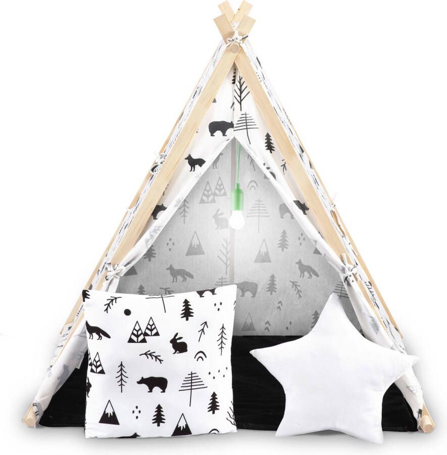 Viking Choice Tipi tent speeltent met lamp en kussens zwart wit