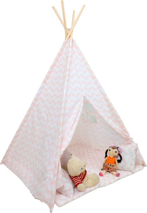 Viking Choice Tipi tent speeltent met vloermat en kussens – roze zigzag