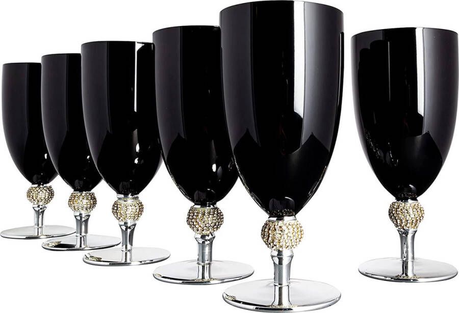 Vikko Décor Wijnglas Waterglas Zwart en Zilver stem accented met Diamante Set van 6