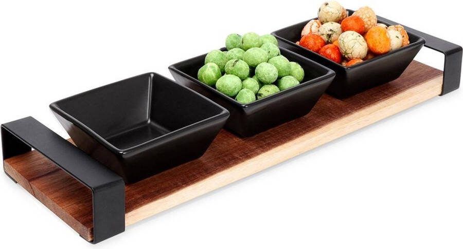 Vilde Snackkommen Keramiek Zwart op Dienblad 32 cm 4 delig Snackkom Dipschalen Set Kleine Komen voor Dipsauzen en Snacks