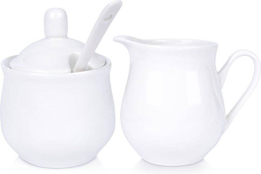 Vilde Suikerpot en Melkkannetje Porselein Wit 2x 150 ml 3 delig Set Suikervaatje