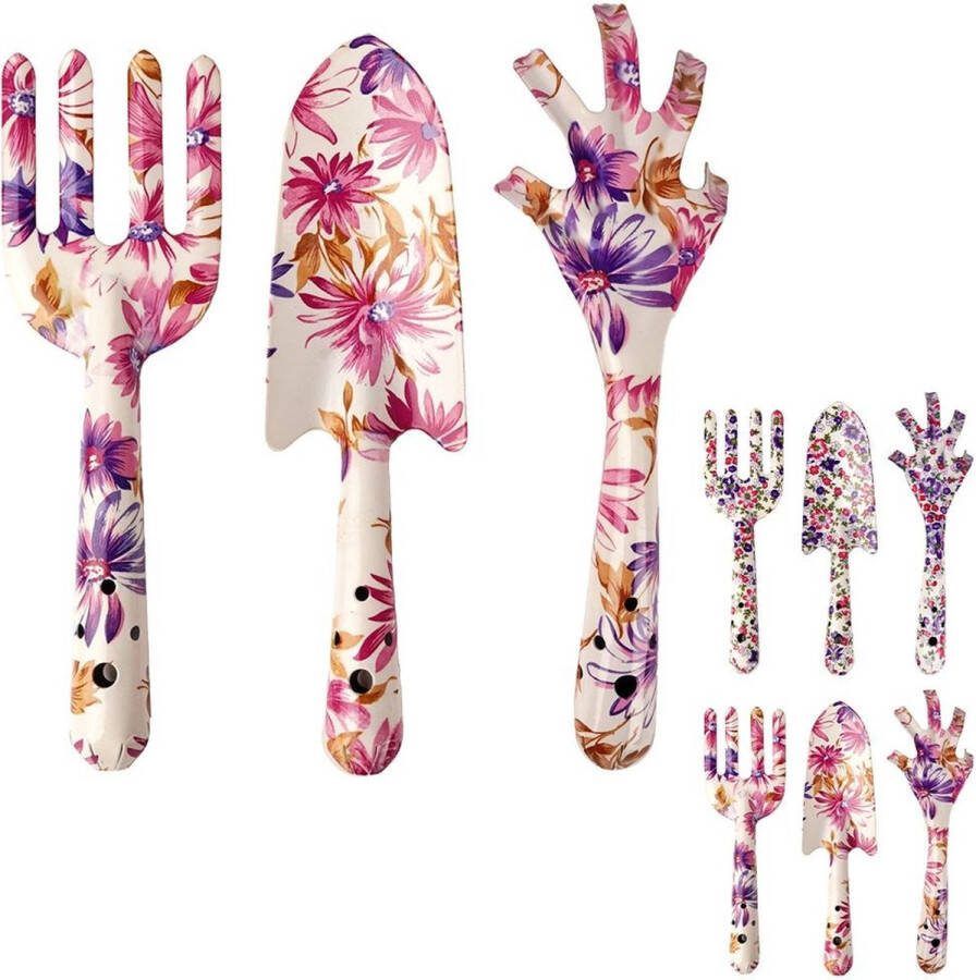 Vilde Tuingereedschap handgereedschap voor tuin spade vork hark met klauwen met bloemenmotief 3-delige set