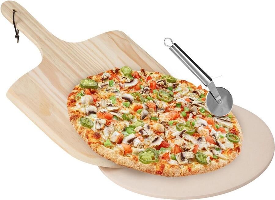 Vilde Pizzasteen Chamotte met Schep en Pizzames 3 delig Pizzaplaat Bakvormen Pizza Bakplaat