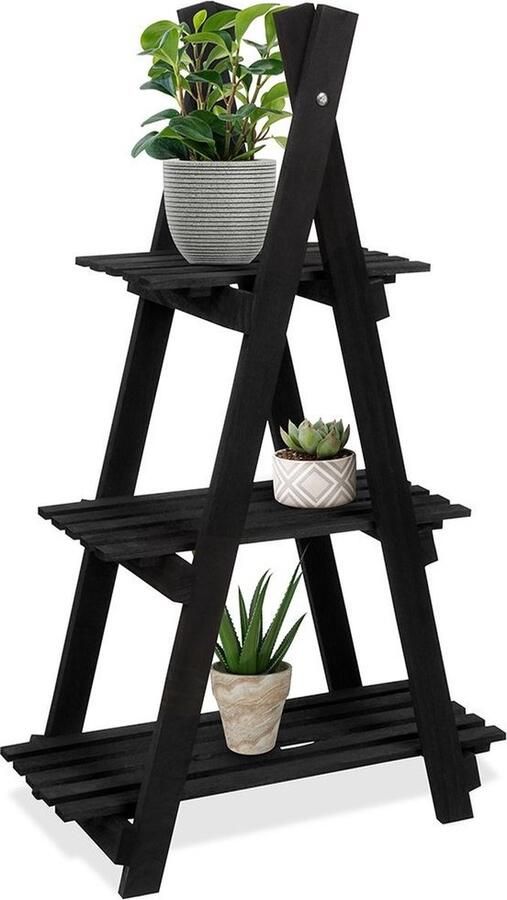Vilde Plantenstandaard Houten Zwart 3-Niveaus 90 cm Plantenrek voor Bloempotten