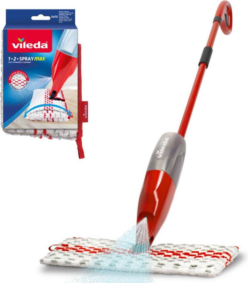 Vileda 1-2 Spray MAX Dweilsysteem + Navulling Pakket 1-2 Spray MAX Dweilsysteem met spray en pad in microvezels Rood Wit + 1-2 Spray MAX Vervanging Rood Wit Voordeelpakket