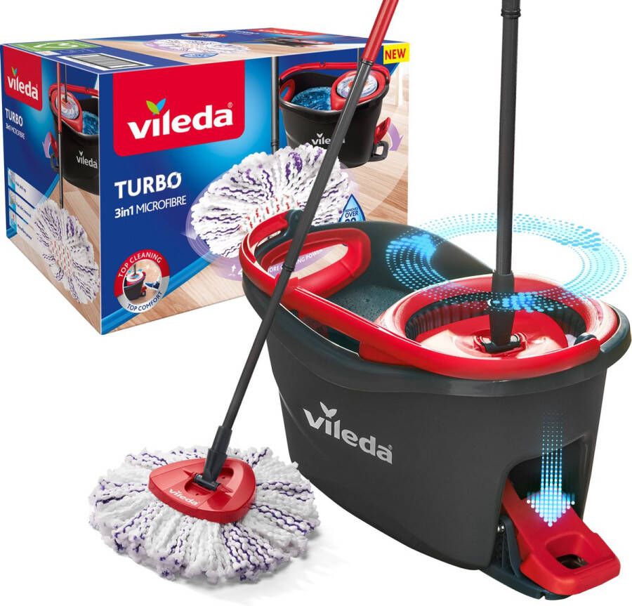 Vileda Turbo 3in1 complete roterende mopset met emmer met pedaalpers Nieuwe generatie microvezelpad 3in1