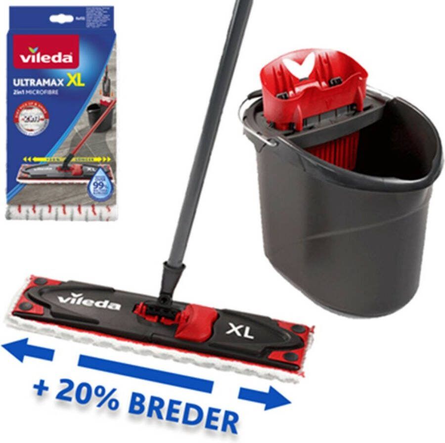 Vileda UltraMax Power 2in1 XL + Navulling Pakket UltraMax Power 2in1 XL Compleet systeem Zwart Rood Wit + UltraMax Power 2in1 XL Vervanging Wit Rood Voordeelpakket