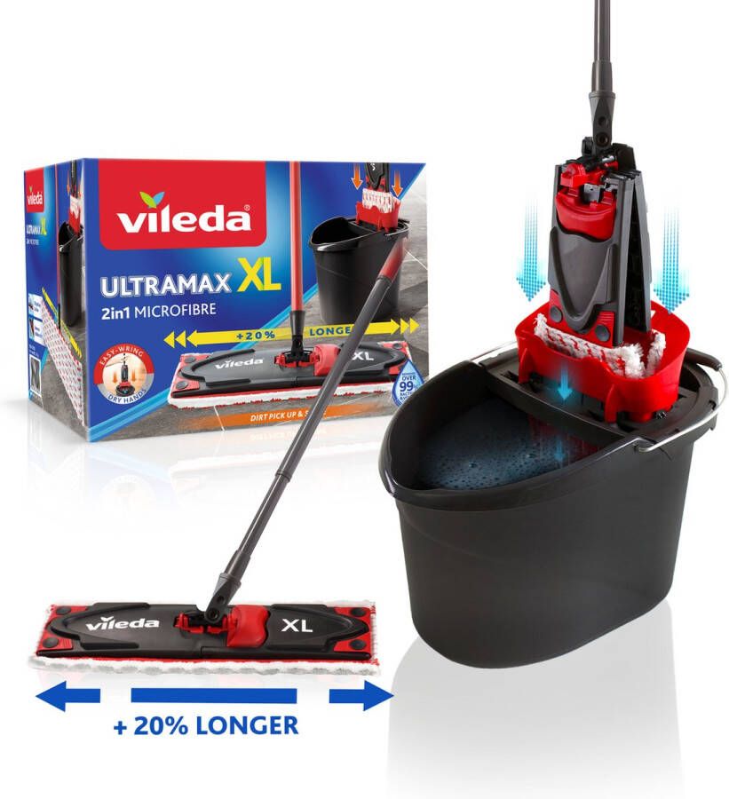 Vileda Ultramax XL complete set met mop en emmer Mopset met emmer 20% langere kop Voor alle harde vloeroppervlakken