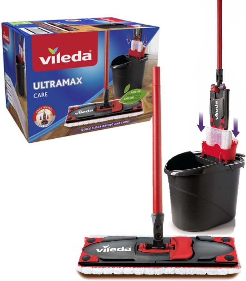 Vileda Ultramax Care Complete set Vloerwisser mop met steel Voor gevoelige vloeren 100% gerecyclede microvezel