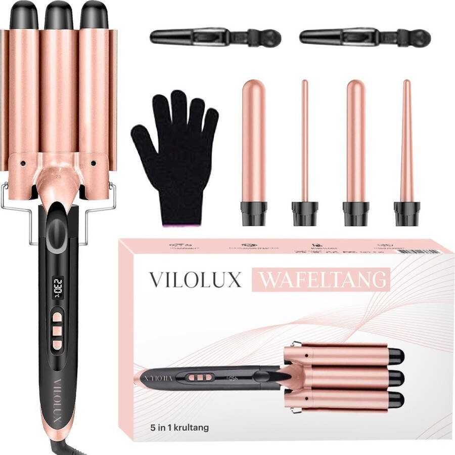 Vilolux Wafeltang Keramische Krultang 5 in 1 Curling Iron Golvenkrultang 5 Opzetstukken 25mm 32mm Rosé Goud