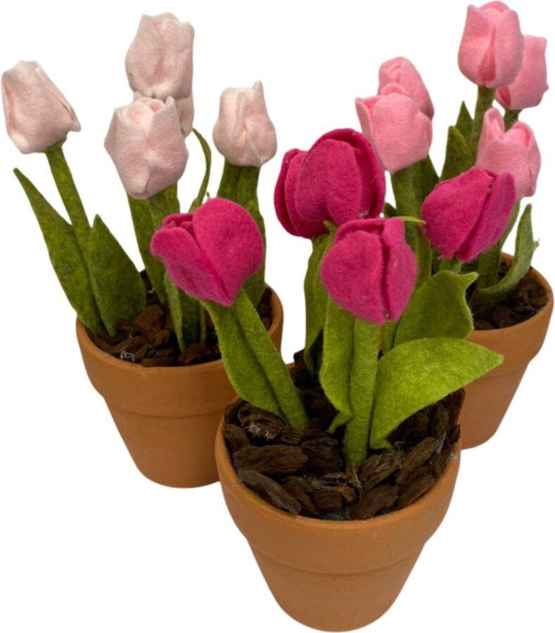 Viltdeco DIY tulpen- Knutselpakket Maak je eigen tulpen van vilt Set van 3 potjes met tulpen Kleur set Fuchsia Roze Zacht Roze