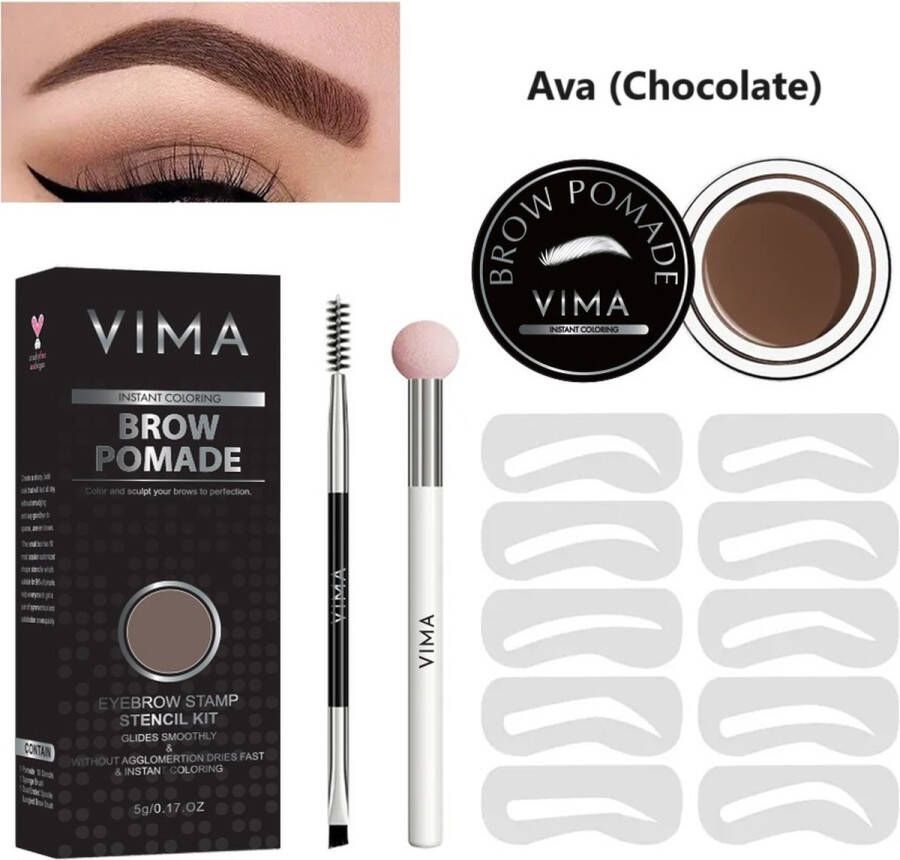 Vima cosmetics VIMA Wenkbrauw Pomade Stempel Kit Ava (Chocolate) Waterproof 10 sjablonen Spons en Borstel Applicator