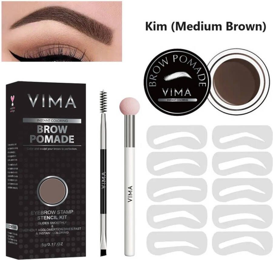 Vima cosmetics VIMA Wenkbrauw Pomade Stempel Kit Kim (Medium Brown) Waterproof 10 sjablonen Spons en Borstel Applicator