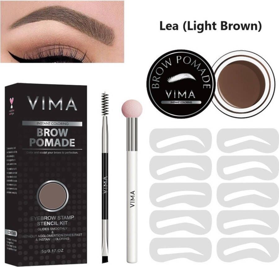 Vima cosmetics VIMA Wenkbrauw Pomade Stempel Kit Lea (Light Brown) Waterproof 10 sjablonen Spons en Borstel Applicator