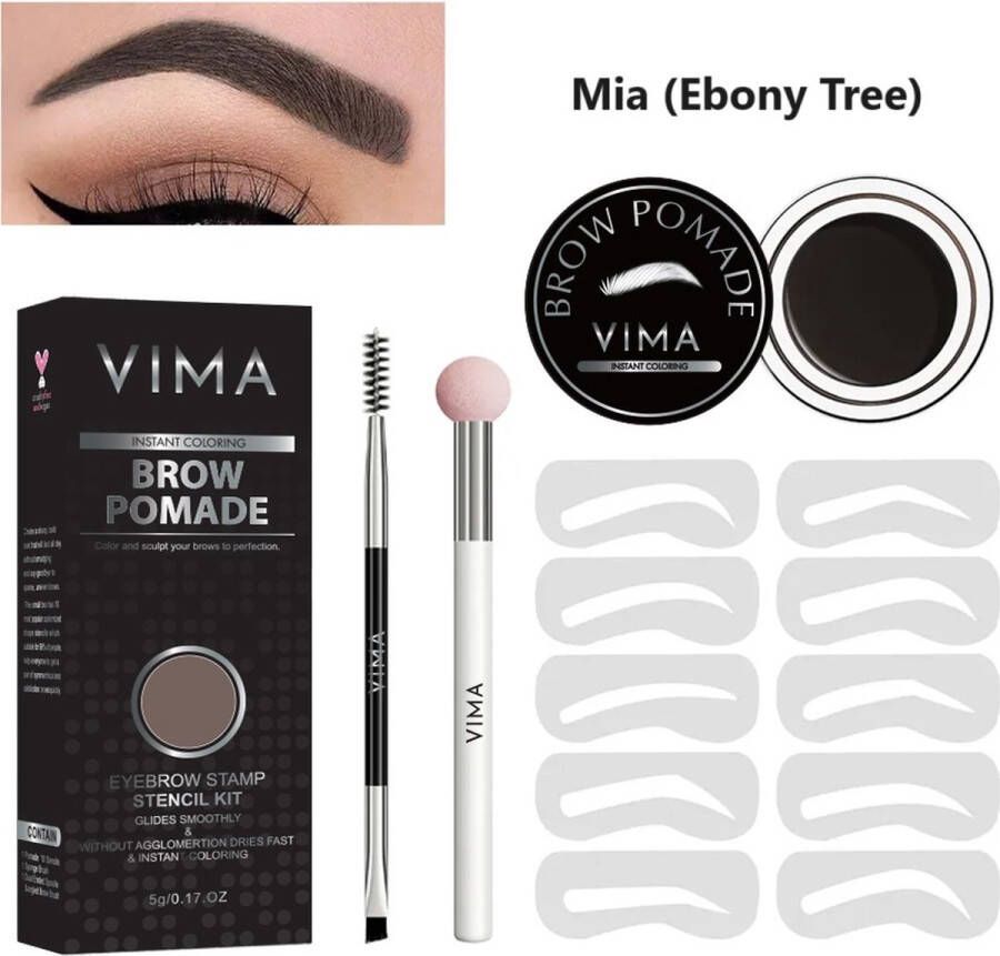 Vima cosmetics VIMA Wenkbrauw Pomade Stempel Kit Mia (Ebony Tree) Waterproof 10 sjablonen Spons en Borstel Applicator