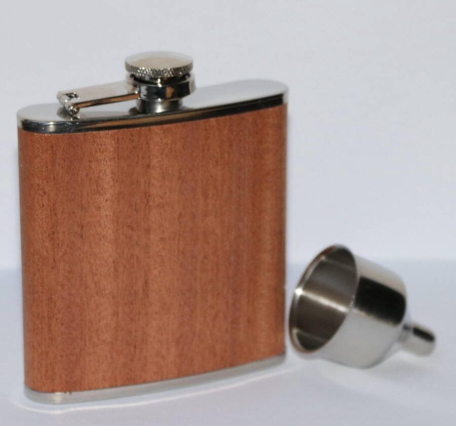 Vin Bouquet RVS Zakfles Heupfles bekleed met vintage Hout + Vultrechter