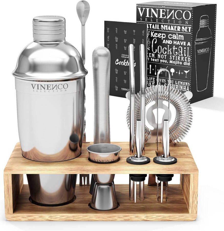 Vinenco SHOP YOLO Cocktail Shaker Set met standaard 13-delige professionele cocktail set met cocktail recepten book cadeaus man vrouw