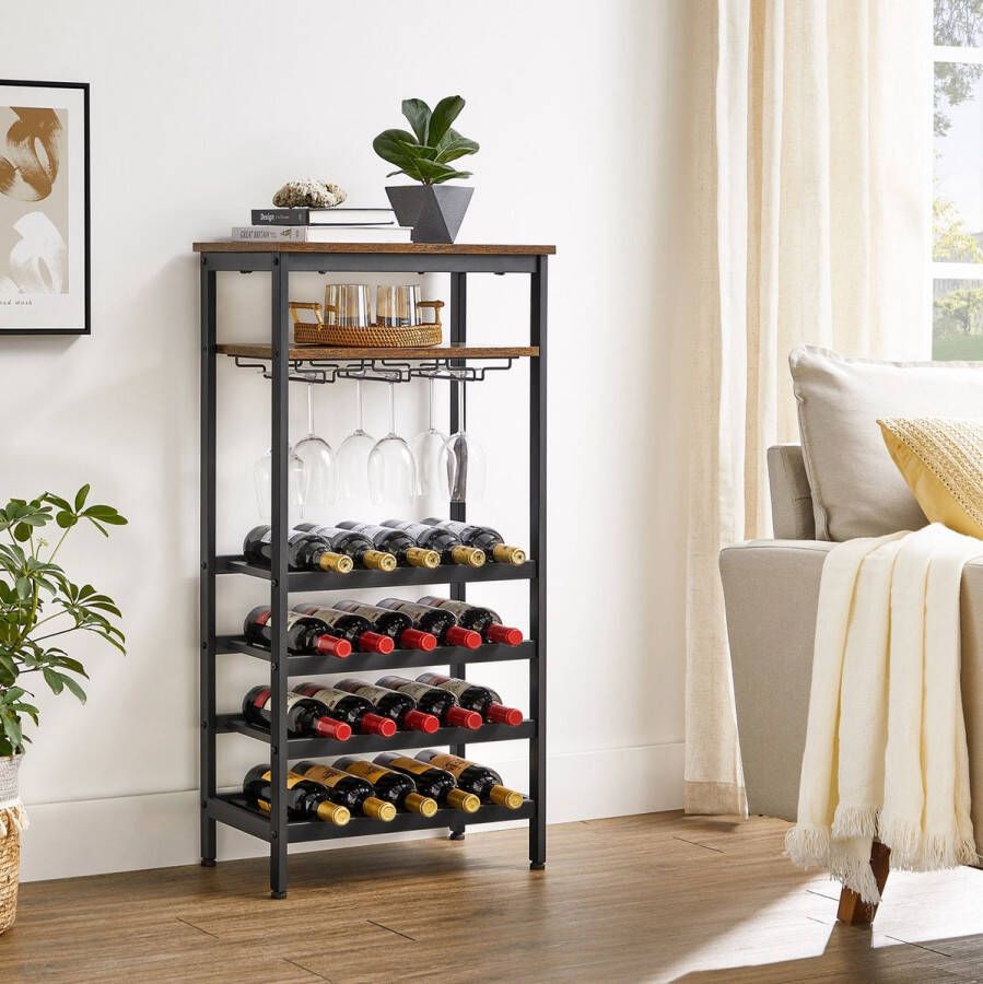 VinoDiMontagna Wijnrek Wijnmeubel Metaal Hout Flessenrek voor 20 flessen met glashouder voor kelder keuken eetkamer industriële stijl 50 x 32 x 100 cm (L x B x H)