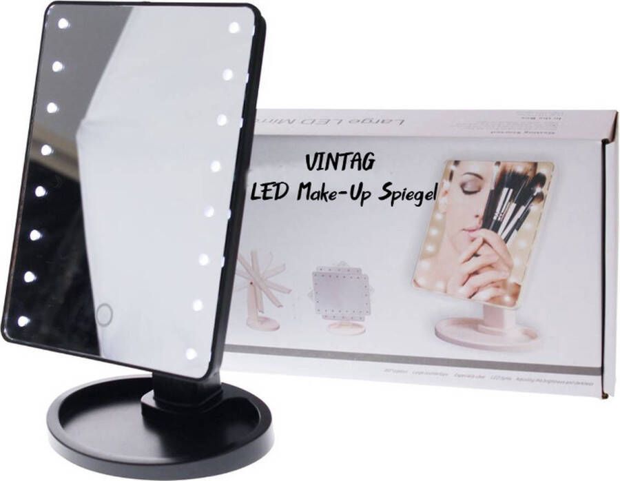 Vintag Make-up Spiegel Zwart 16 LED's Touchscreen Dimbaar Krasbestendig 27 x 17 x 11.5 CM Werkt op 4X AA batterijen 180° Roterend Incl Standaard Compact