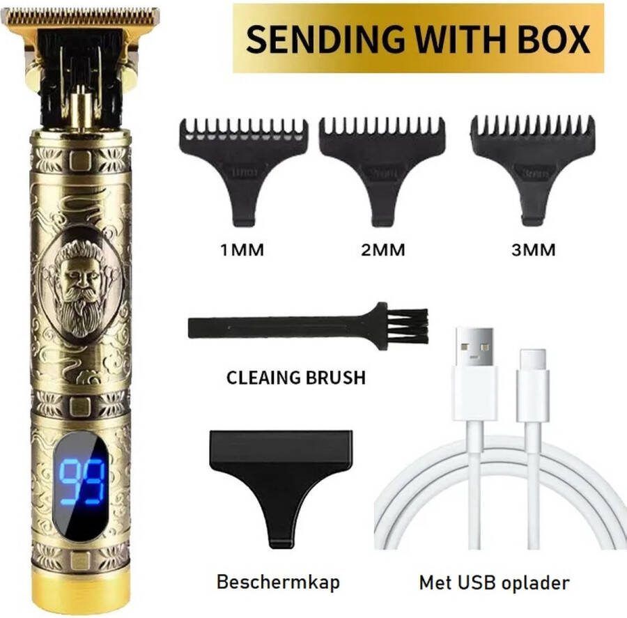 Vintage T Draadloze Haartrimmer Barbier Goud met LCD Nieuwste Model Tondeuse Mannen Geschikt voor Hoofdhaar Baardhaar Lichaamshaar Trimmer Draadloos Scheerapparaat Compleet met 4 Opzetstukjes oplader en onderhoudsmaterialen