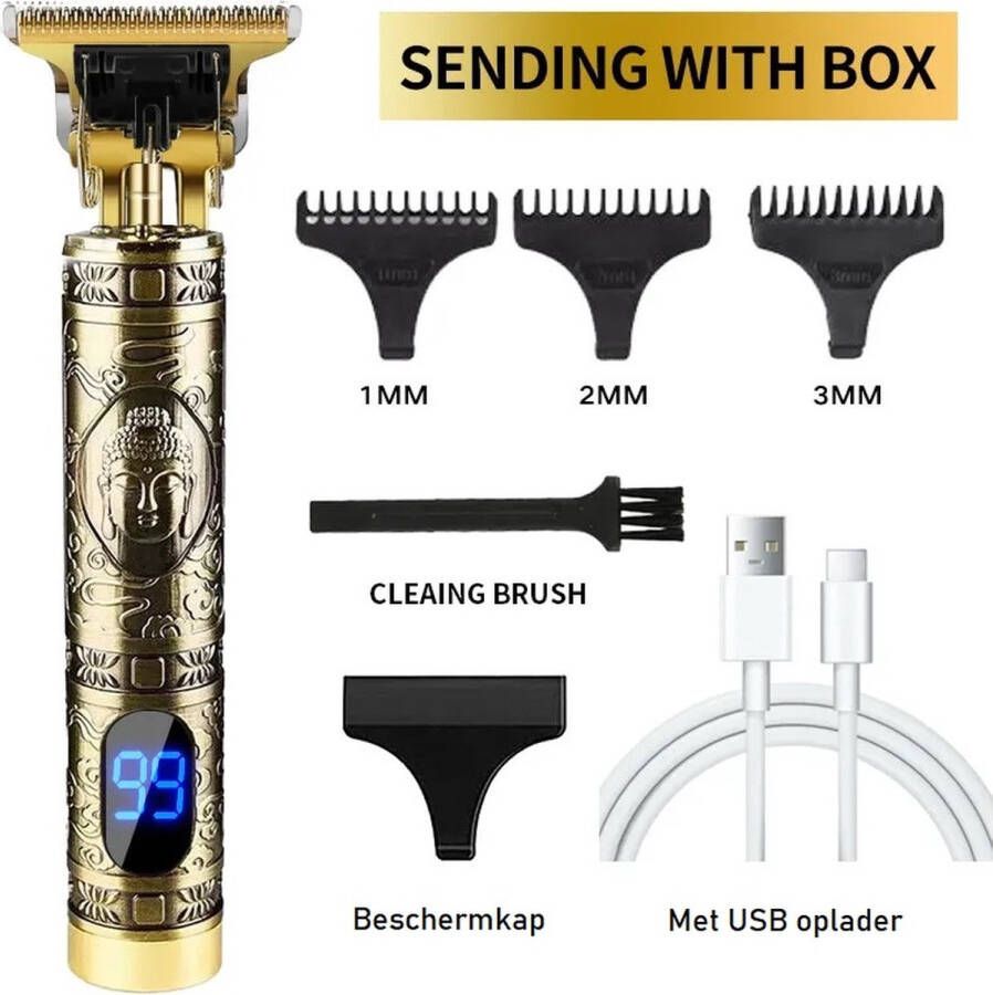 Vintage T Draadloze Haartrimmer Buddha Goud met LCD Nieuwste Model Tondeuse Mannen Geschikt voor Hoofdhaar Baardhaar Lichaamshaar Trimmer Draadloos Scheerapparaat Compleet met 4 Opzetstukjes oplader en onderhoudsmaterialen