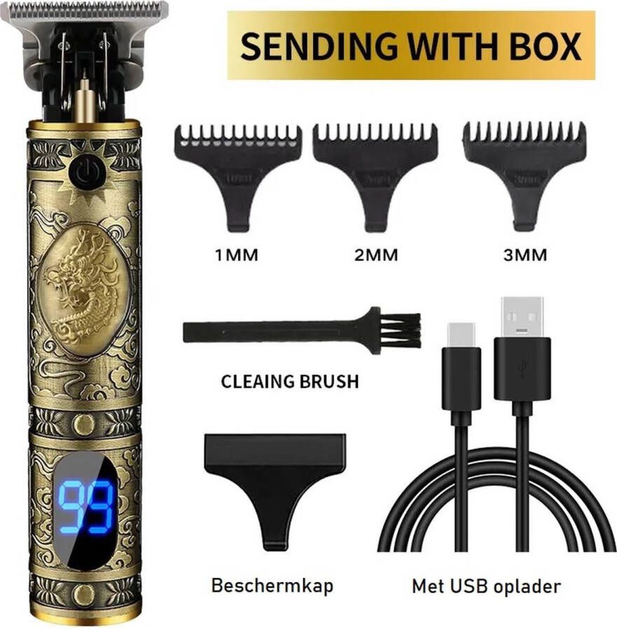 Vintage T Draadloze Haartrimmer Draak Goud met LCD Nieuwste Model Tondeuse Mannen Geschikt voor Hoofdhaar Baardhaar Lichaamshaar Trimmer Draadloos Scheerapparaat Compleet met 4 Opzetstukjes oplader en onderhoudsmaterialen