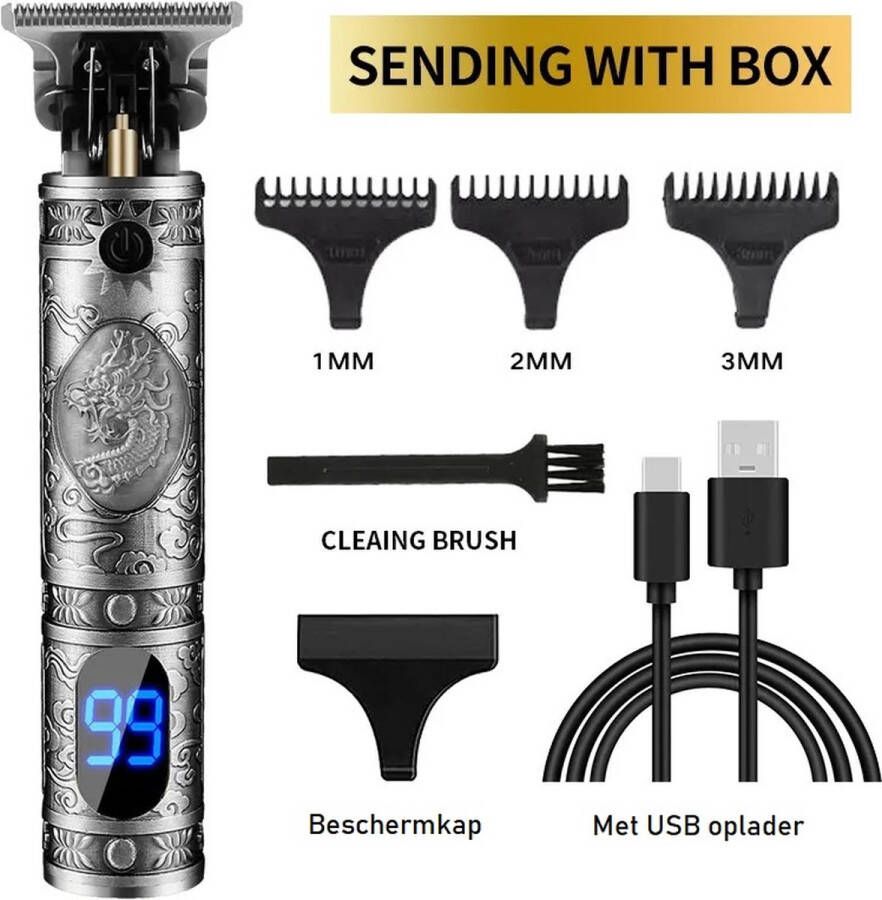 Vintage T Draadloze Haartrimmer Draak Zwart met LCD Nieuwste Model Tondeuse Mannen Geschikt voor Hoofdhaar Baardhaar Lichaamshaar Trimmer Draadloos Scheerapparaat Compleet met 4 Opzetstukjes oplader en onderhoudsmaterialen