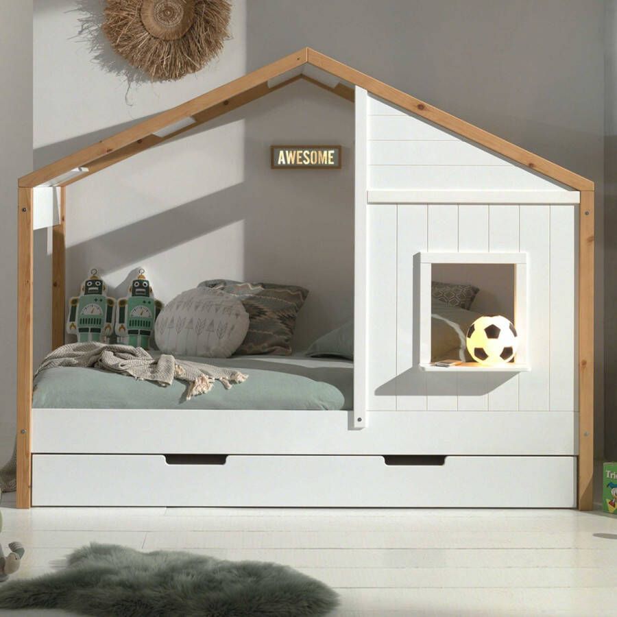 Vipack Bedhuisje Bambino 90x200 met bedlade MDF en dennenhout wit naturel