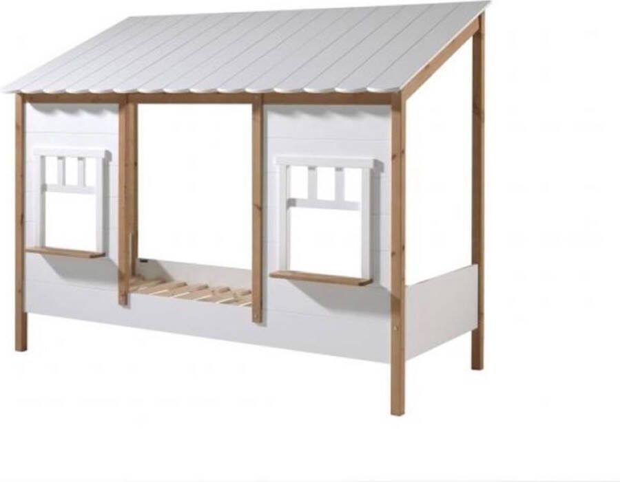 Vipack Kinderledikant Huisbed van MDF en massief hout wit gelakt met kleuraccent incl. rollattenbodem keuze uit met of zonder bedlade op wielen