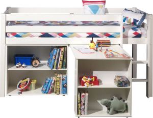 Vipack halfhoogslaper Pino met bureau en boekenkast wit 114x105 4x209 4 cm Leen Bakker