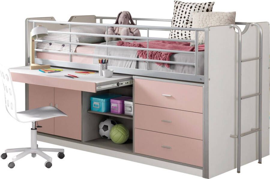 Vipack halfhoogslaper Bonny met uitschuifbaar bureau roze 116x96x207 cm Leen Bakker