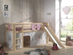 Vipack Halfhoogslaper met glijbaan Astrid met bedtent & opbergzakjes Birdy naturel