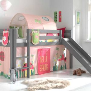 Vipack Halfhoogslaper met glijbaan Astrid met bedtent -tunnel & opbergzakjes Spring grijs