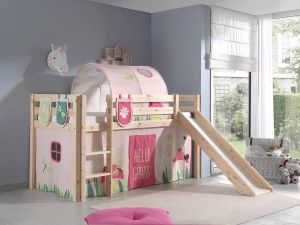 Vipack Halfhoogslaper met glijbaan Astrid met bedtent -tunnel & opbergzakjes Spring natuur