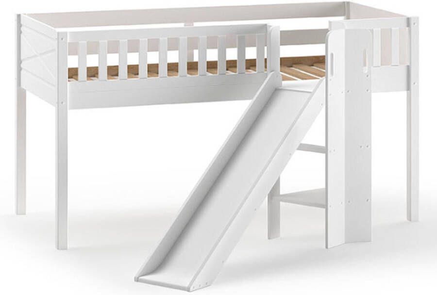 Vipack Halfhoogslaper Scottie 90x200cm Met glijbaan lente-speelgordijn 3 opbergzakjes en bedtunnel Wit