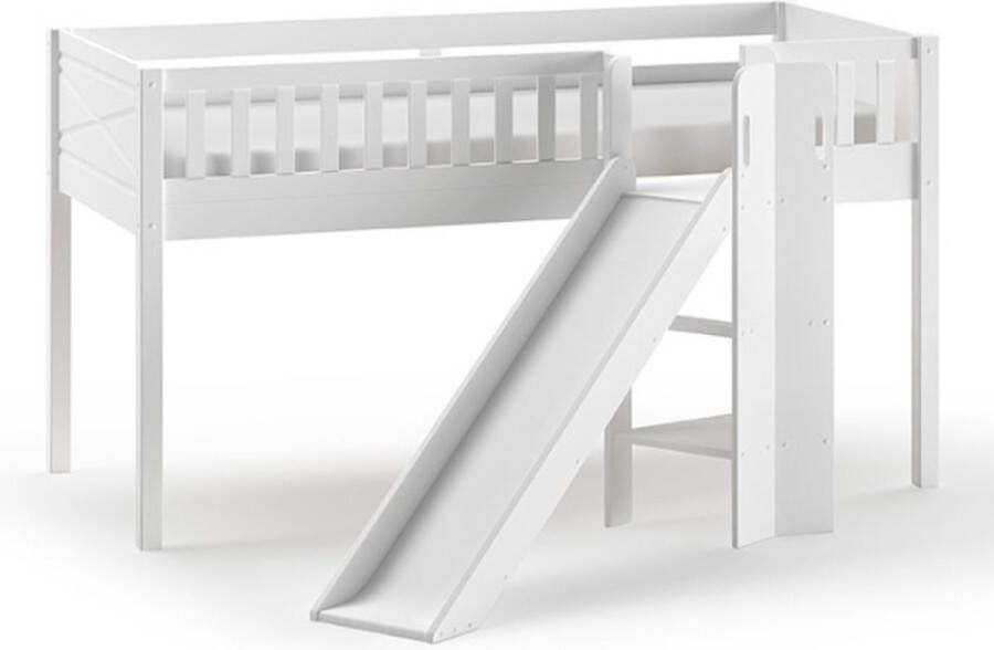 Vipack Halfhoogslaper Scottie 90x200cm Met glijbaan prinses-speelgordijn 3 opbergzakjes en bedtunnel Wit