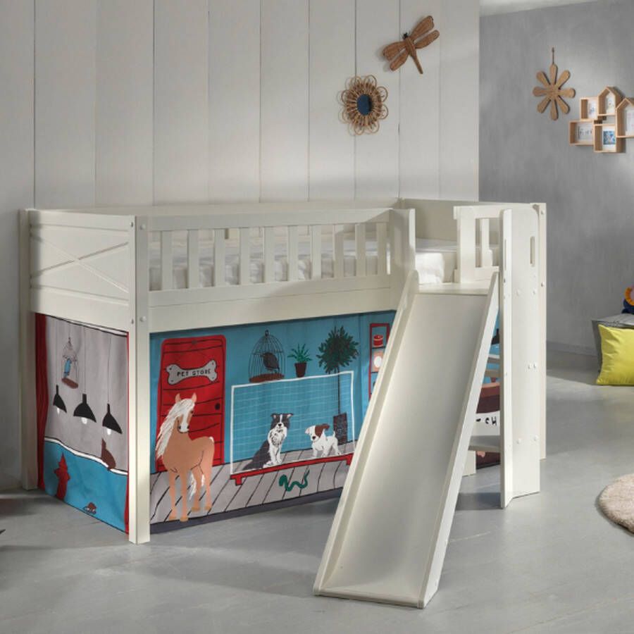 Vipack Hoogslaper Scott speelbed massief dennenhout wit gelakt met lattenbodem met glij- laddertoren lf 90x200 cm inclusief gordijn 7 ontwerpen