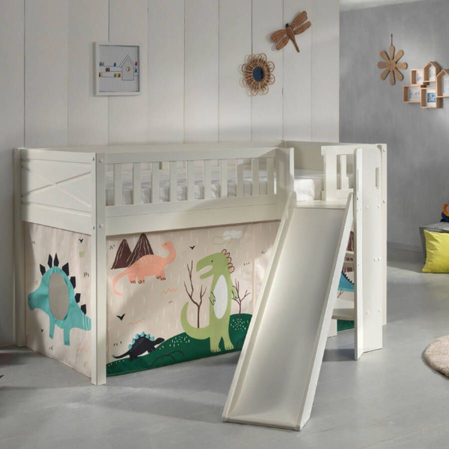 Vipack Hoogslaper Scott speelbed massief dennenhout wit gelakt met lattenbodem met glij- laddertoren lf 90x200 cm inclusief gordijn 7 ontwerpen