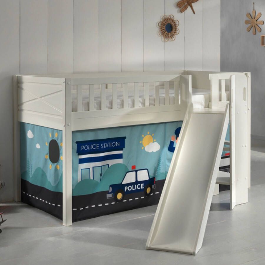 Vipack Hoogslaper Scott speelbed massief dennenhout wit gelakt met lattenbodem met glij- laddertoren lf 90x200 cm inclusief gordijn 7 ontwerpen