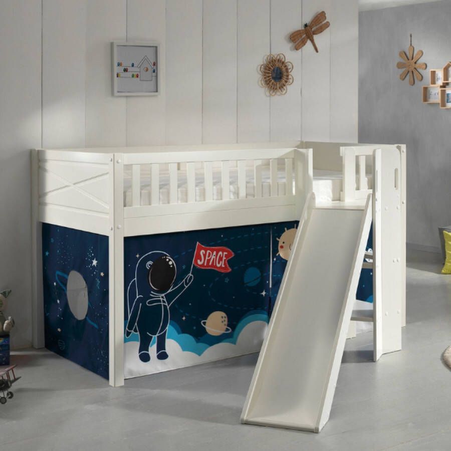 Vipack Hoogslaper Scott speelbed massief dennenhout wit gelakt met lattenbodem met glij- laddertoren lf 90x200 cm inclusief gordijn 7 ontwerpen