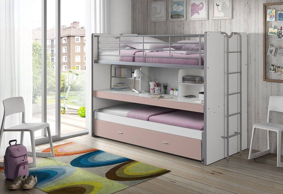Vipack Hoogslaper Bonny met 3 slaapplaatsen super praktisch in de kinderkamer met groot schrijfblad planken veel functionaliteit op kleine ruimte
