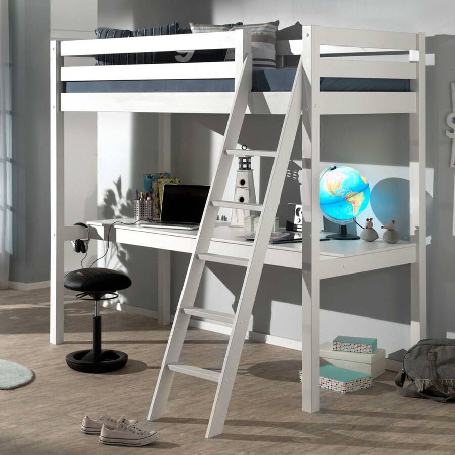 Vipack Baby Nora Hoogslaper Met Bureaublad Voor Kinderen Grijs Scandinavisch Grenen Hout Inclusief Lattenbodem 90 x 200 cm