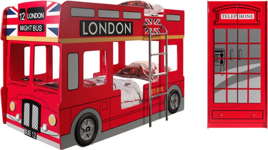 Vipack Stapelbed London bus 90x200 cm met LED-verlichting+ 2-deurs kleerkast-rood