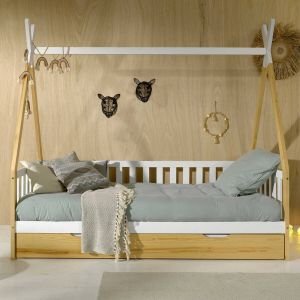 Vipack Tipibed 90 x 200cm met hekje en bedlade dennenhout natuur wit