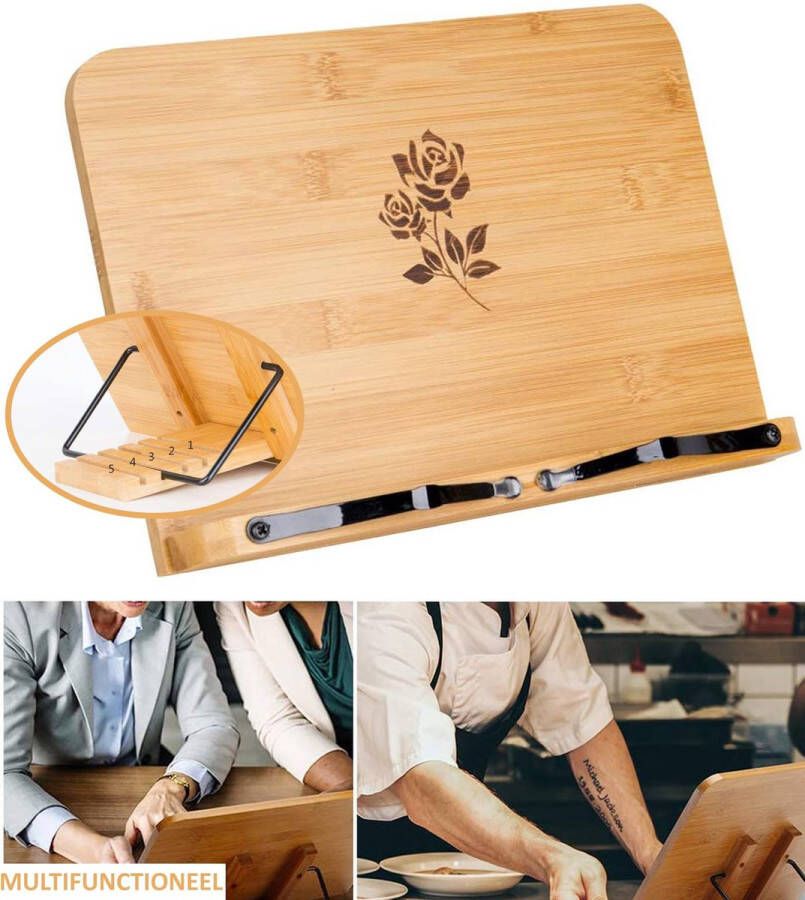 VITAMO ™ Bamboe Kookboekstandaard 5 Standen Bladzijdehouder Geschikt voor dikke kookboek Compact Duurzaam hout Roos