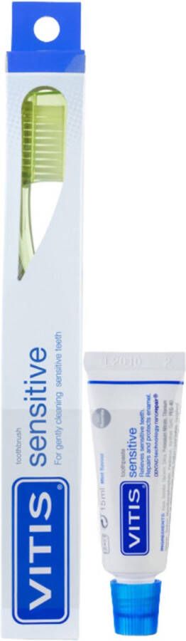 Vitis 2x Sensitive Tandenborstel met 15 ml verpakking tandpasta
